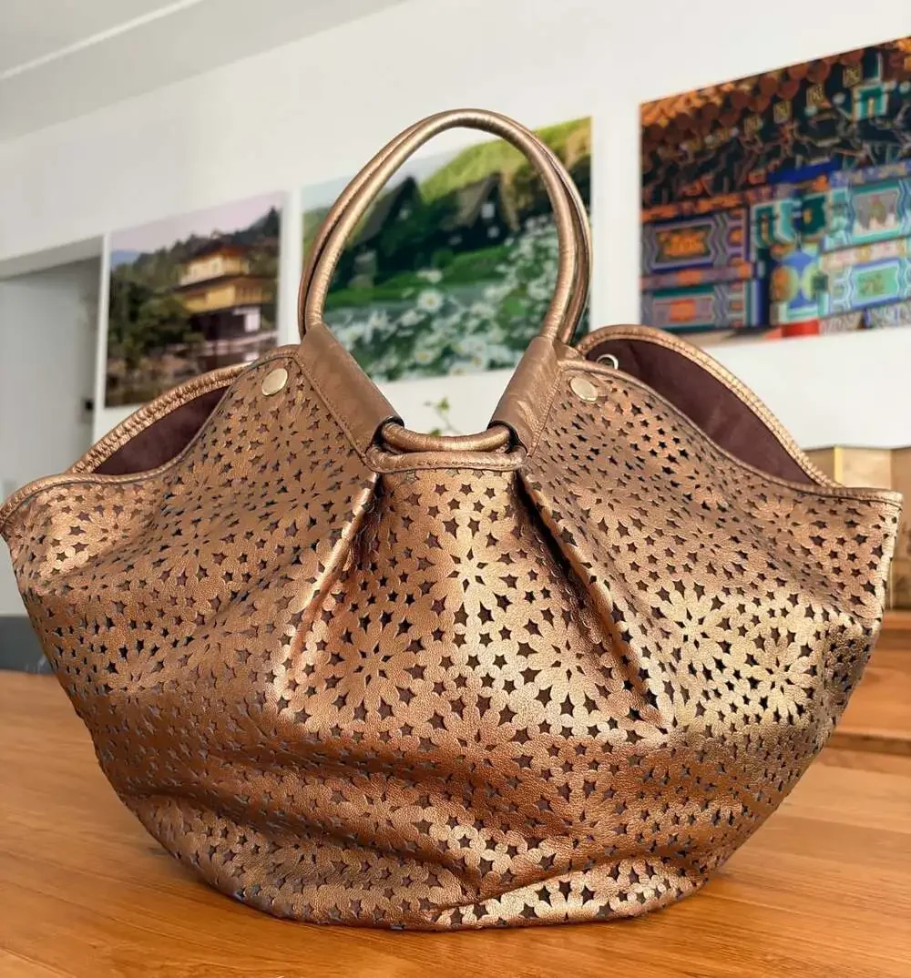 Jimmy Choo Metallic Bronze Star Perforated Leather Tote Shoulder Bag